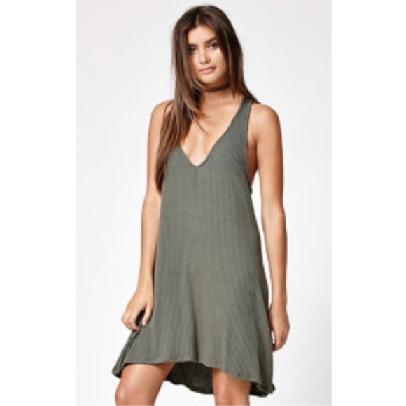 Kendall & Kylie Knit Tie-Back Ribbed Hi-Lo Dress in Olive - 1