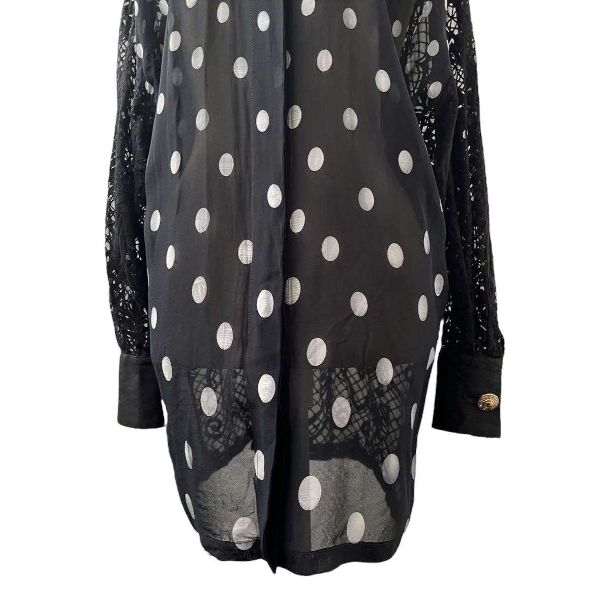 Vintage Gianni Versace Couture Sheer Polka Dot Button-Down Tunic with Burnout Lace Back and Sleeves - 6