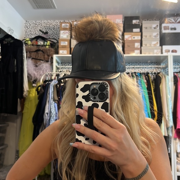 Faux Fur Pom Pom Faux Leather Baseball Hat - 8