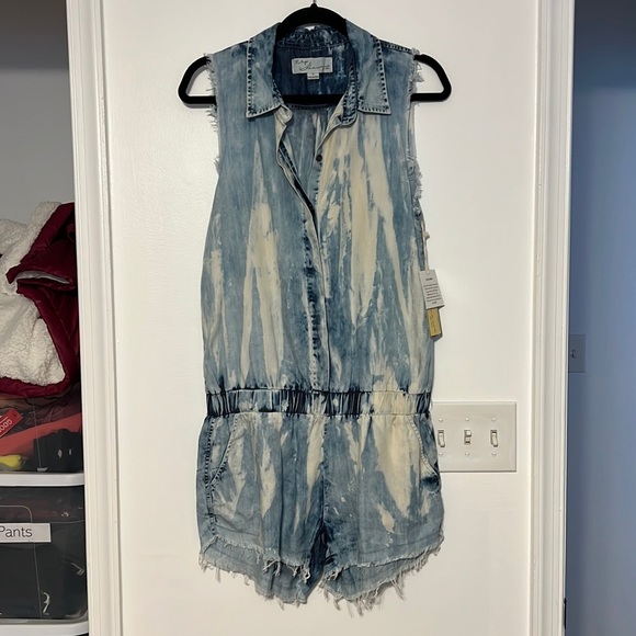 Vintage Havana Acid Wash Distressed Chambray Sleeveless Boho Western Romper - 1