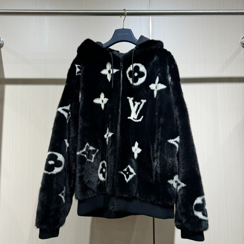 Louis Vuitton (LV) Black Mink Fur Hooded Jacket with All-Over Logo Print - 1