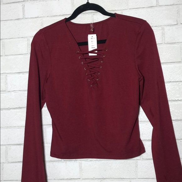 LF Burgundy Long Sleeve Lace Up Top - 2