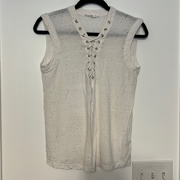 Olivaceous - Olivacious White Linen Distressed Lace-Up Sleeveless Shirt - 3