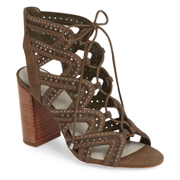 1. State - 1.State Kayley Olive Green Caged Embellished Lace Up Block Heels - 1