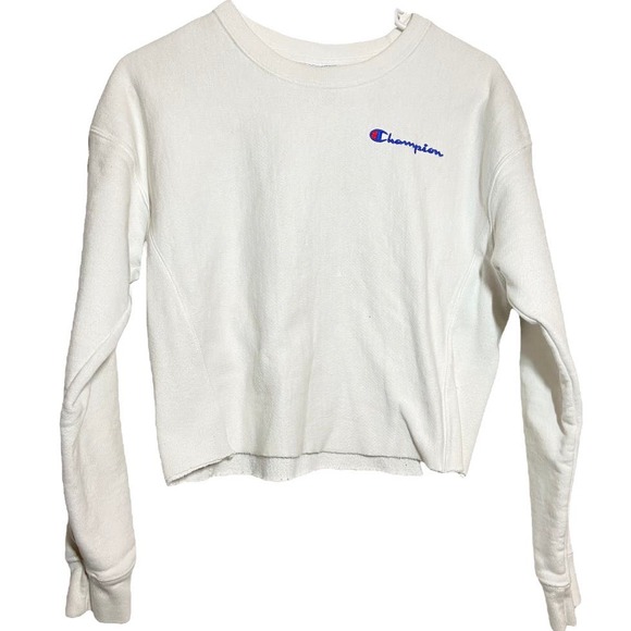 Champion Reverse Weave Sweatshirt Crewneck Logo Spellout White Cropped XSmall - 1