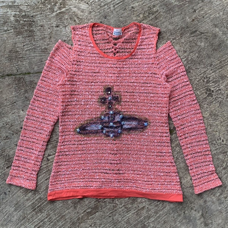 Vivienne Westwood Skull Bead Orb Cut-Out Open Knit Base Layer Coral M - 1