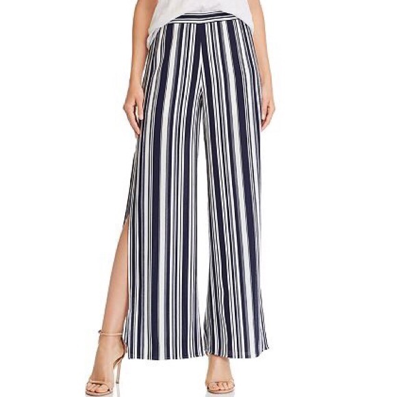 Aqua - Navy + White Striped Split Wide Leg Pants - 2