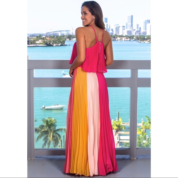 Aura - Pink Pleated Multi Color Two Piece Set Maxi + Crop - 3