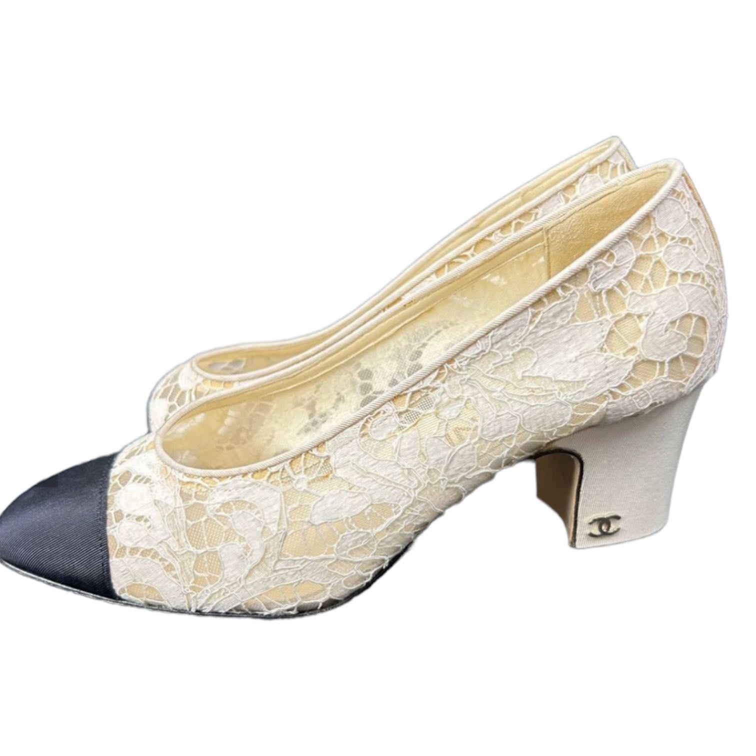Chanel Sheer Lace with Contrast Toe Caps and Grosgrain Details Pumps - 1