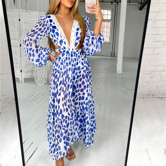 Luxxel - Blue & White Printed Crochet Trim Cut-Out Beach Dress - 1