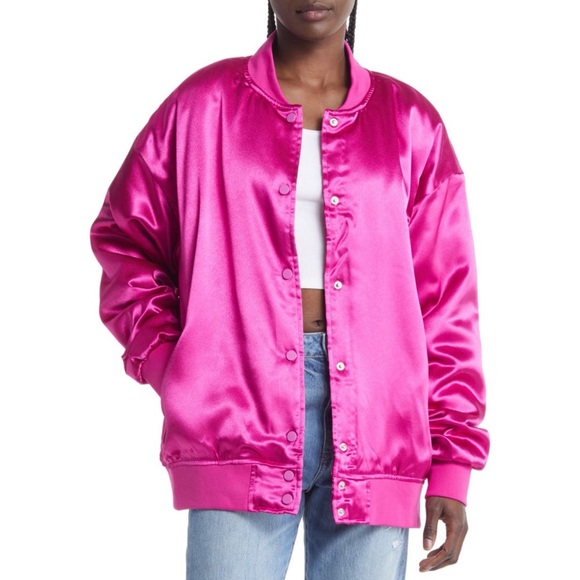 Azalea Wang Pink Oversized Satin Bomber Jacket - 1