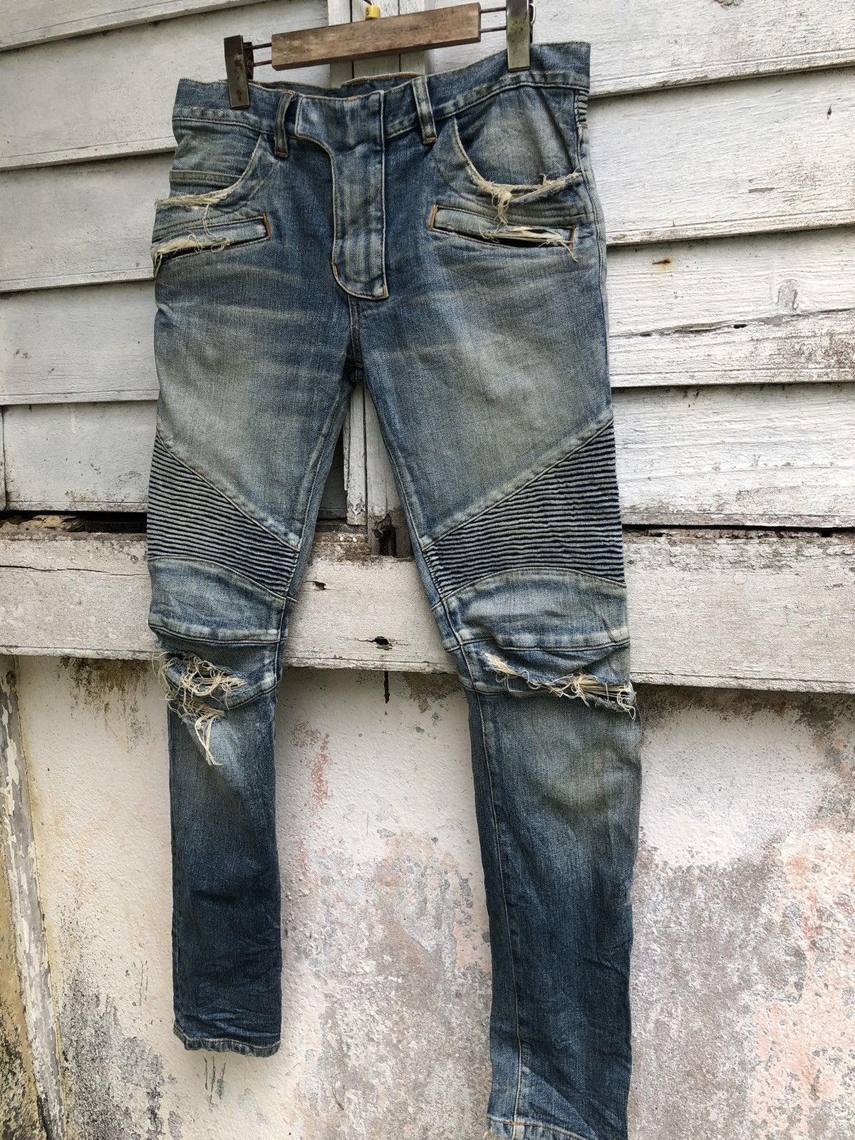 Balmain Trashed Distressed Ripped Biker Jean - 2