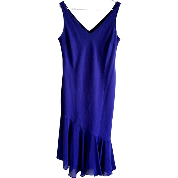 Evan Picone Asymmetrical Ruffle Hem Midi Dress V Neck Mermaid Royal Blue 14 - 1