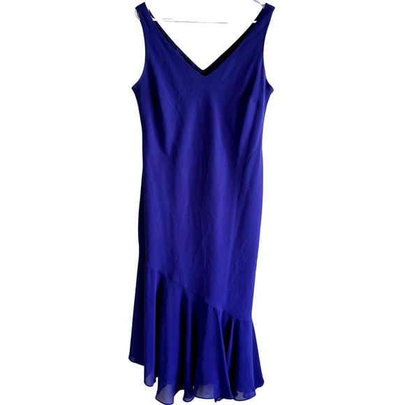 Evan Picone Asymmetrical high quality Ruffle Hem Midi Dress V Neck Mermaid Royal Blue 14