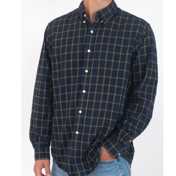 Ralph Lauren Shirt Plaid Button Down Long Sleeve 100% Cotton Navy Blue Medium - 2