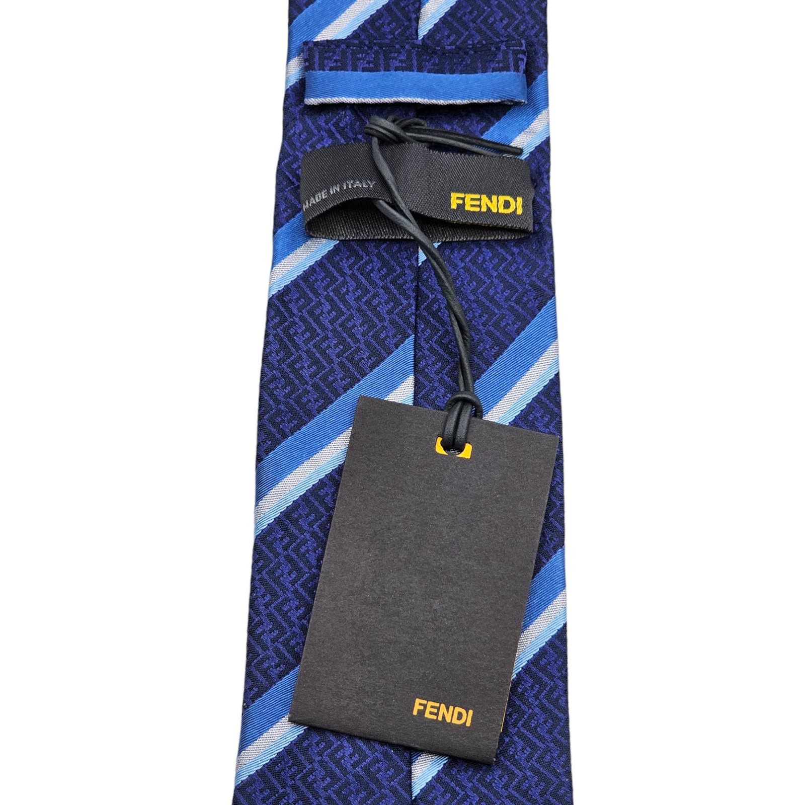 Fendi Silk Logo Skinny Necktie Tie -Blue White - 5