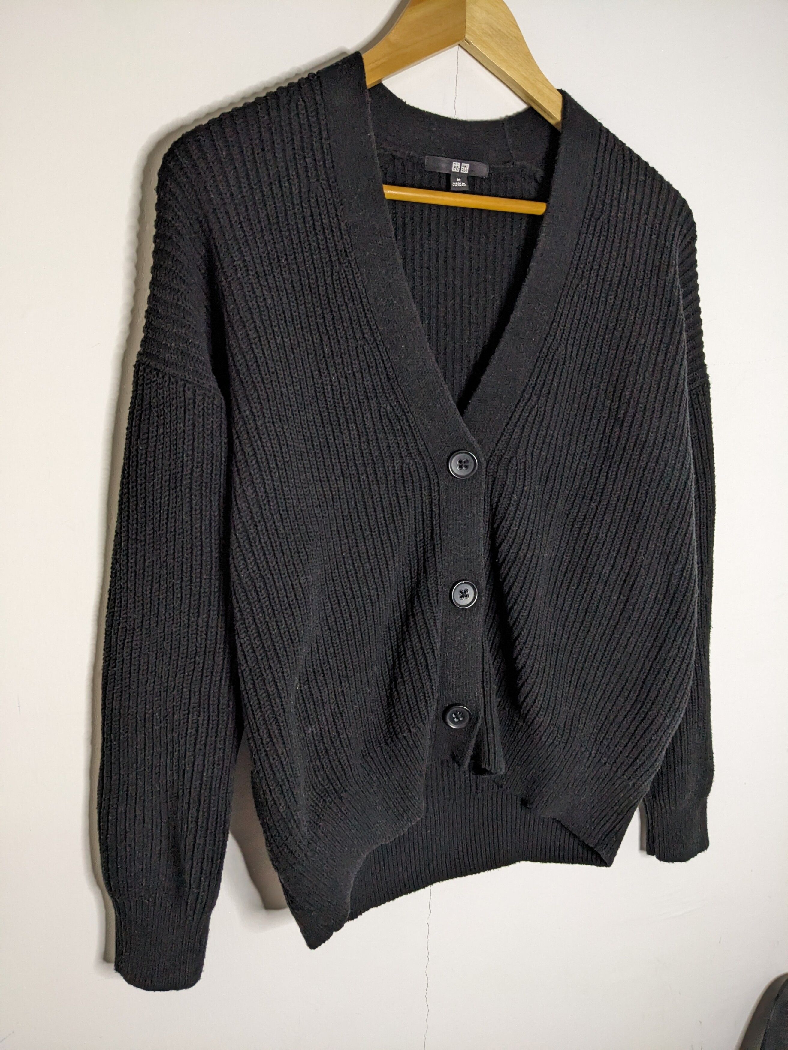 Uniqlo Crocheted Pattern Cotton Knit Sweater Black Cardigan - 2