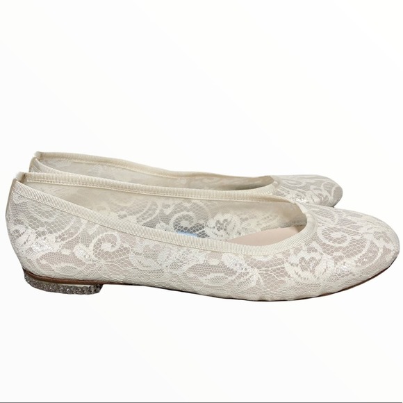 Anthropologie Harriet Wilde bridal ballet flats lace bedazzled heel size 6 white - 1