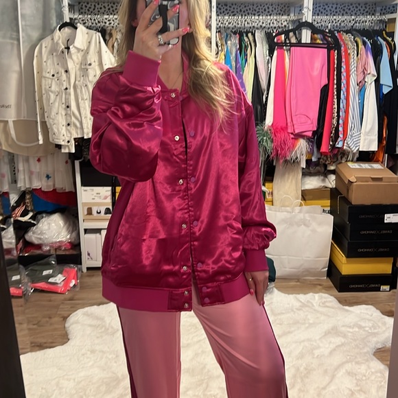 Azalea Wang Pink Oversized Satin Bomber Jacket - 11