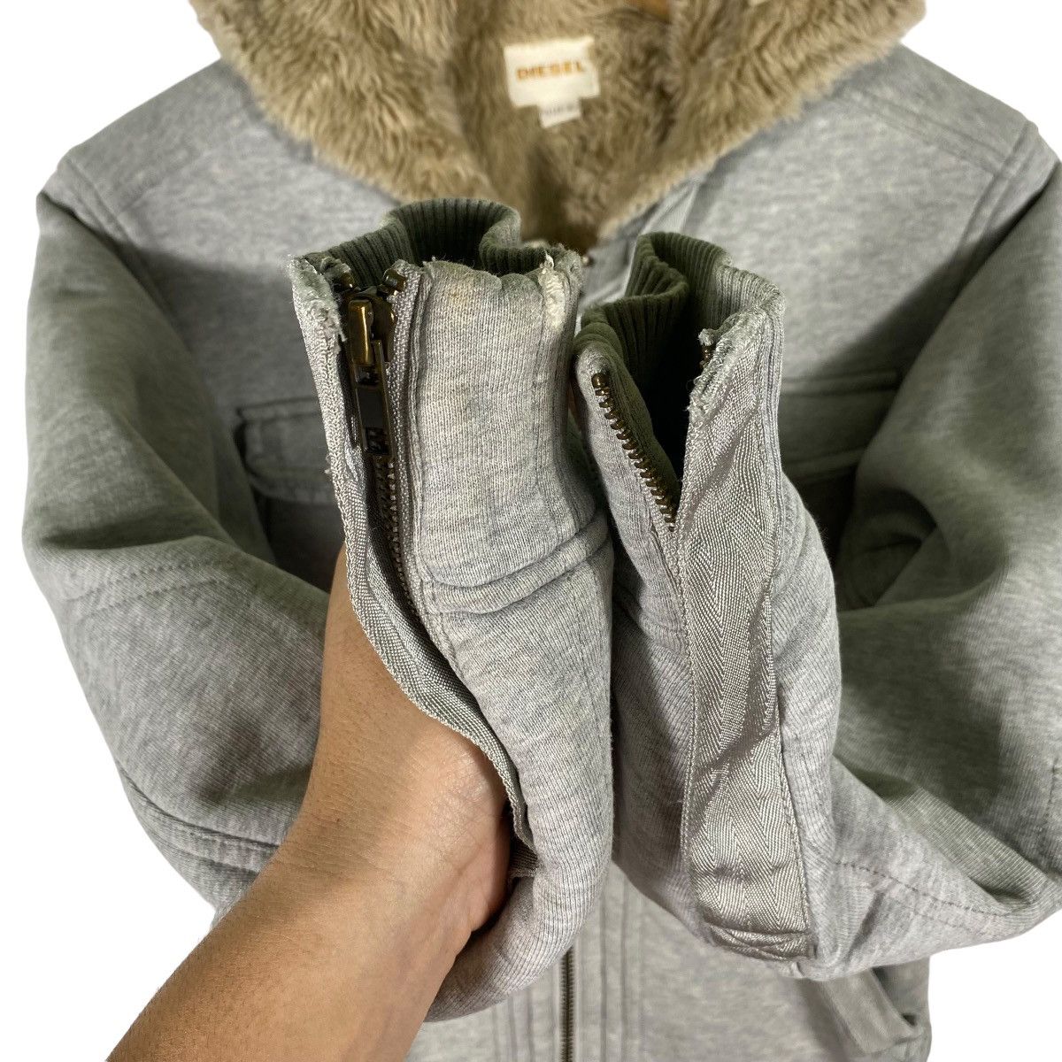 Diesel Heavyweight Faux Fur Gray Lined Hoodie Jacket - 7