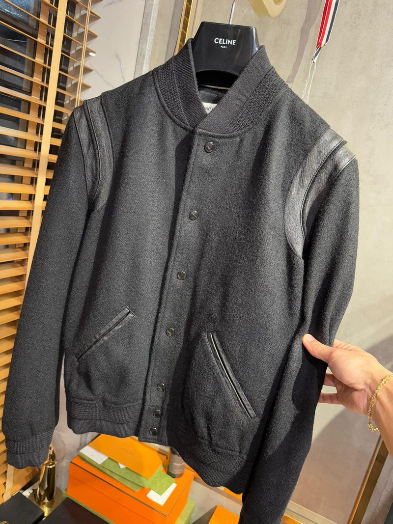SAINT LAURENT SAINT LAURENT WOOL TEDDY JACKET IN BLACK LEATHER