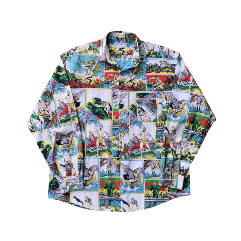 Vintage 80s Tarzan Comic Strip Over Print Button Up Shirt - 1