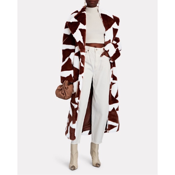 Ronny Kobo Collection - Ronny Kobo Ilia Faux Fur Coat in Ivory & Brown Triangle Diamond Print - 2