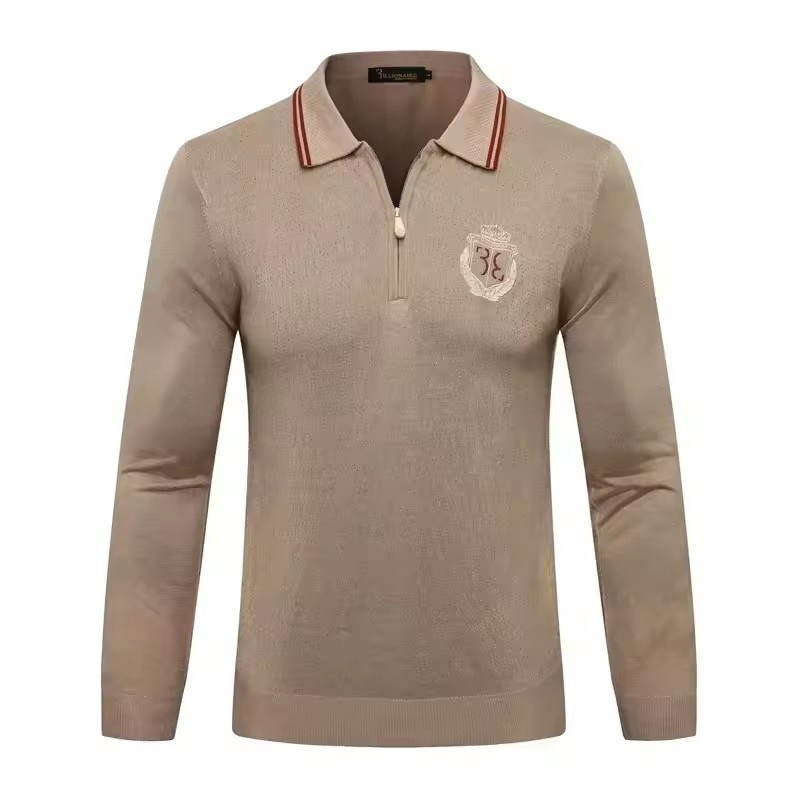 Men's Fine-Knit Beige Polo Sweater - 1