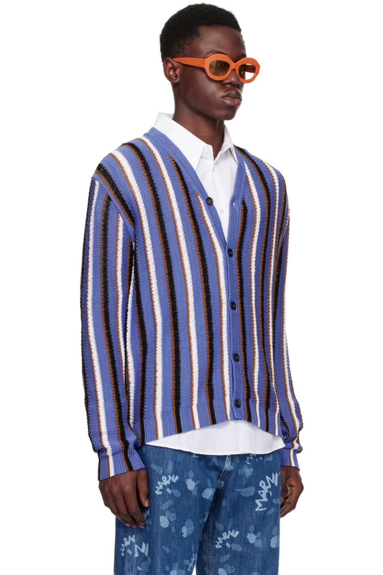 stripe-pattern V-neck cotton cardigan - 2