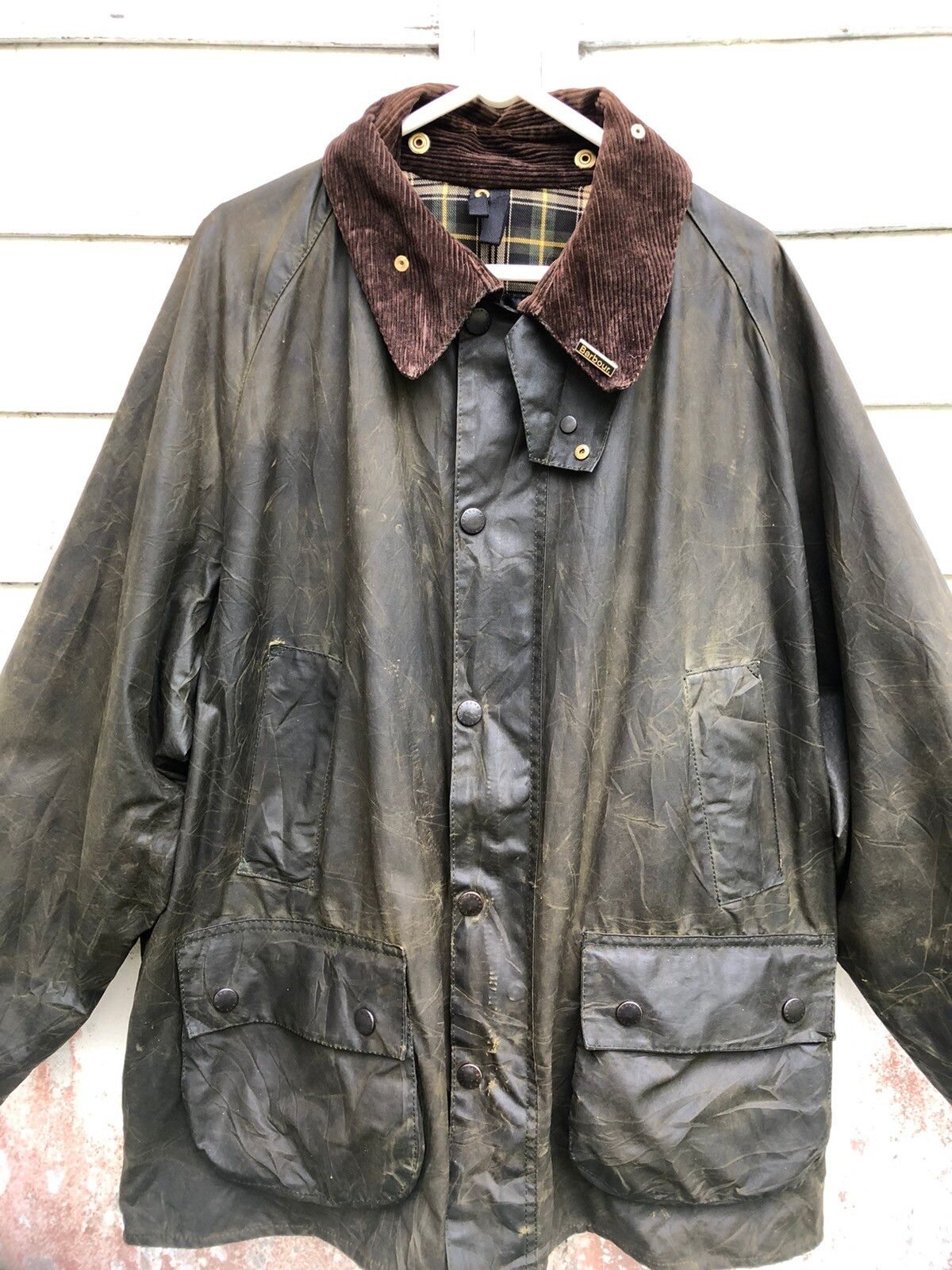 Distressed Barbour Bedale Olive Waxed Coat Size C46/117cm - 1