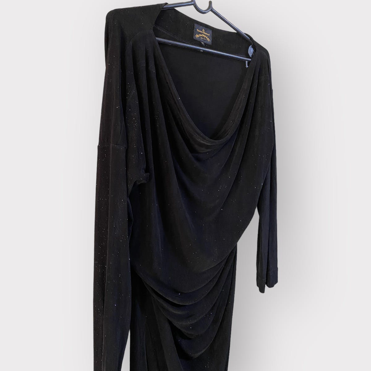 Black Glitter Cowl Collar Asymmetric Drape Dress - 6