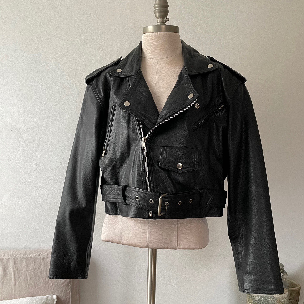 Vintage - 100% leather cropped moto jacket - 3