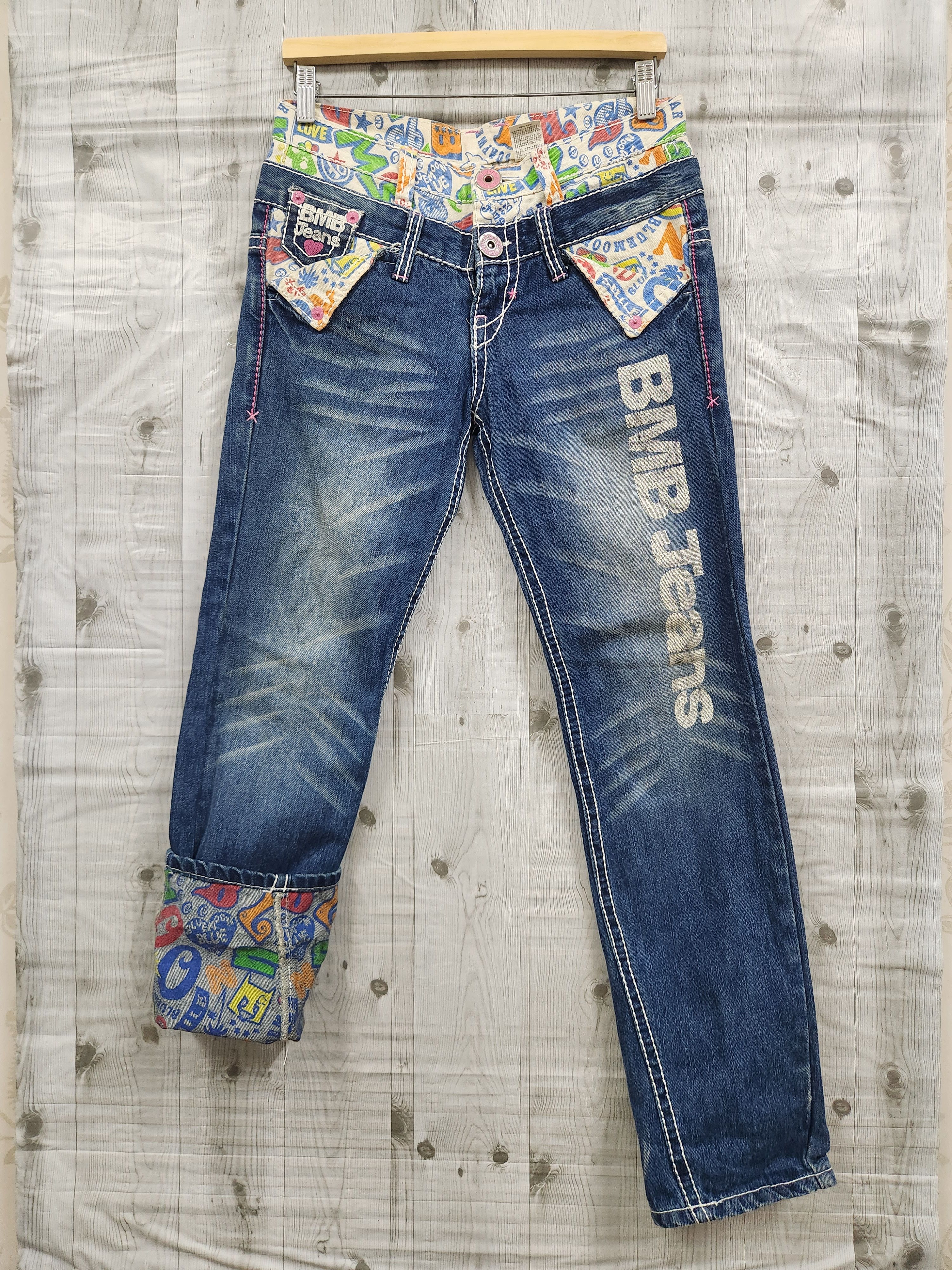 Japanese Brand - Double Waist Colorfull Printed Blue Moon Blue Denim Jeans - 1