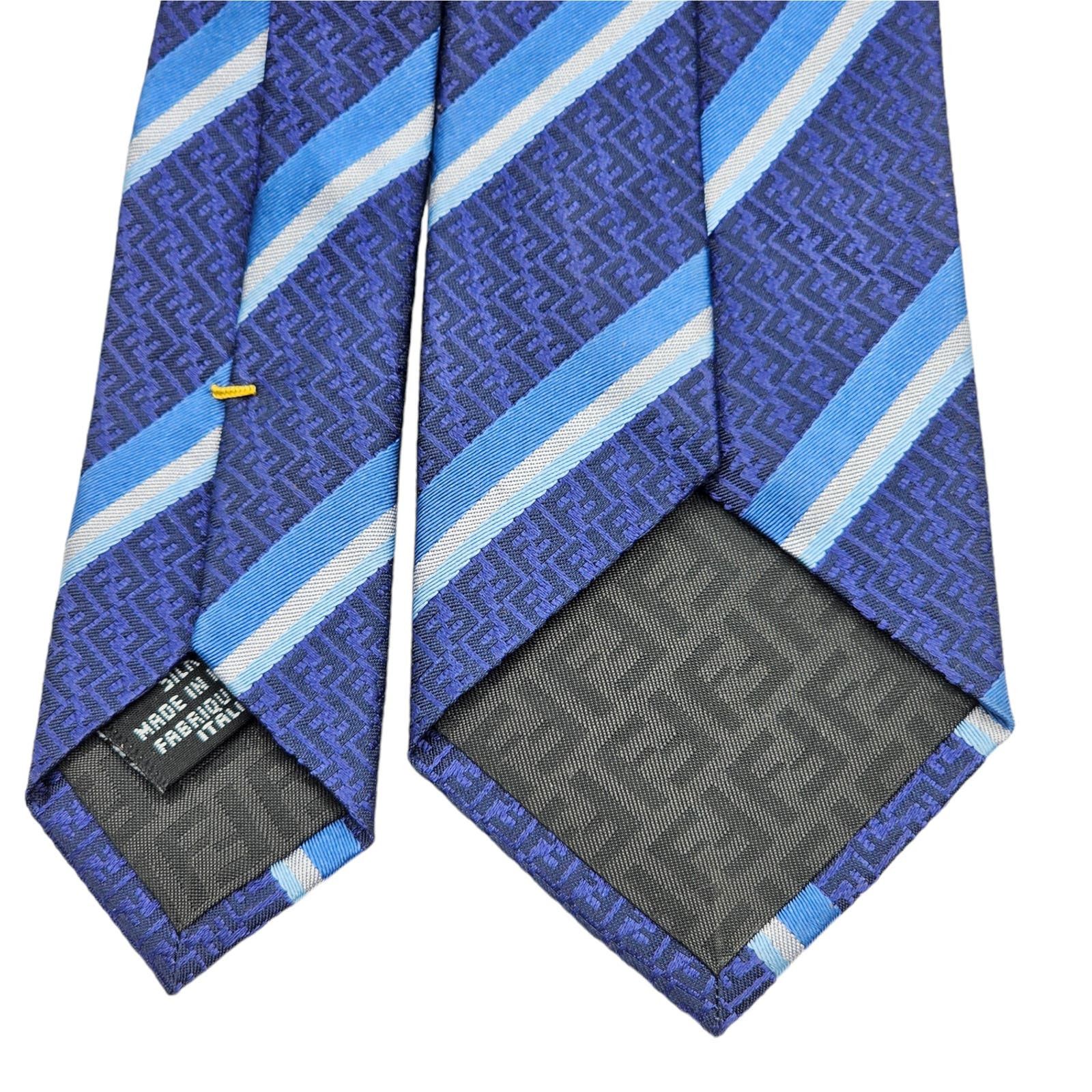 Fendi Silk Logo Skinny Necktie Tie -Blue White - 4