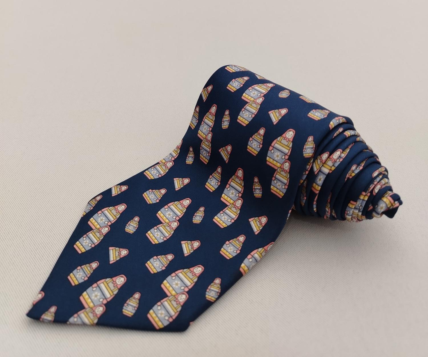 Vintage Hermes Paris 7529 IA Silk Designer Necktie Poupees Russes Matriochkas Doll Pattern Blue Tie - 5