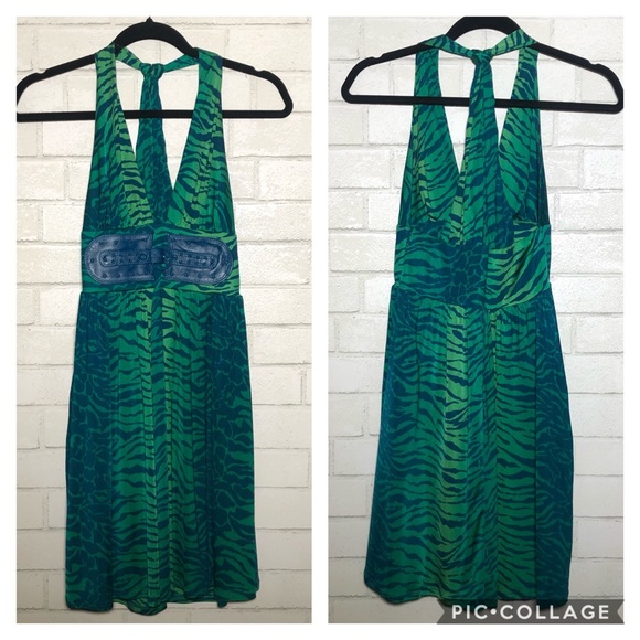 Marciano Green Animal Print Belted Halter Dress - 1