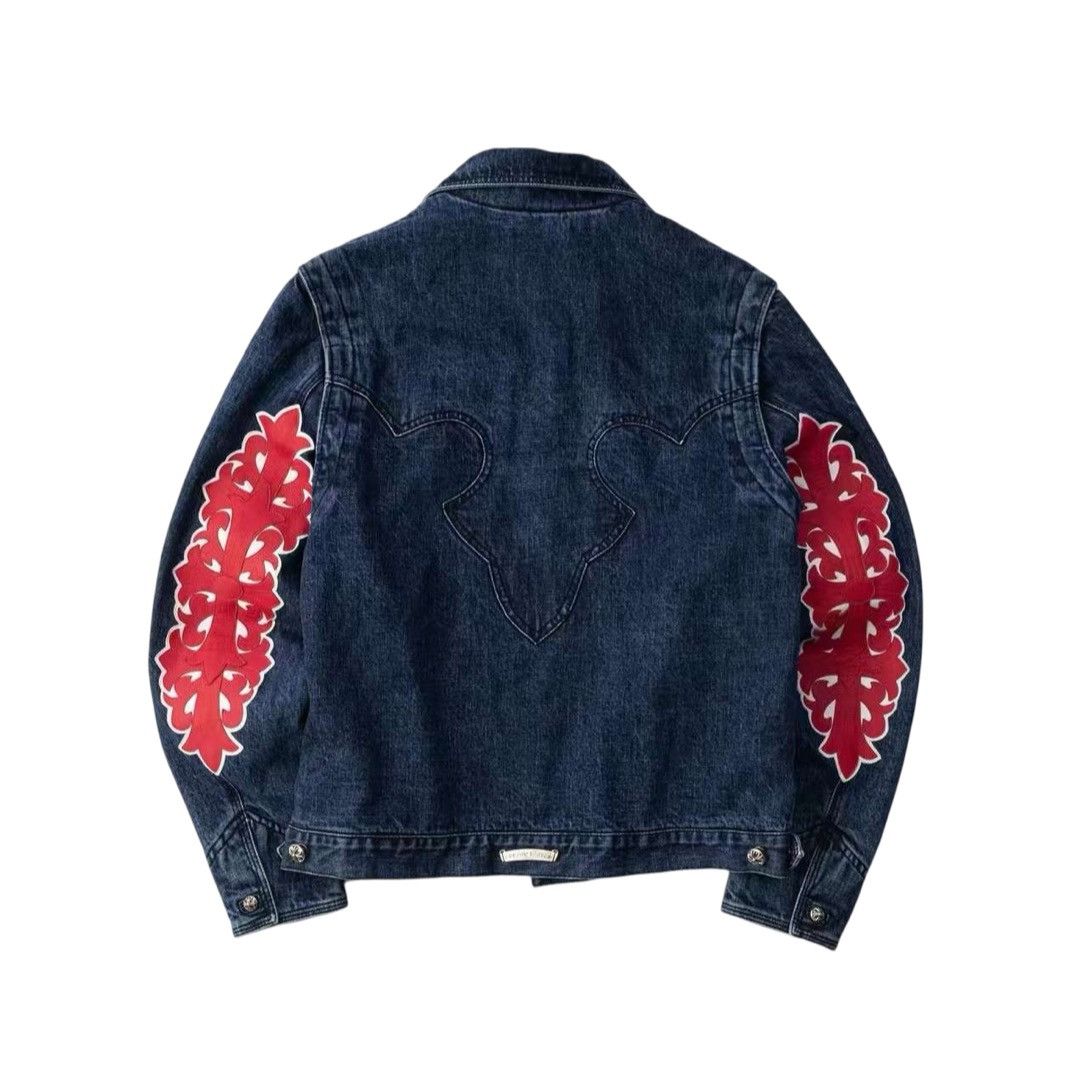 Leather fleur floral cross sleeve denim jacket - 1