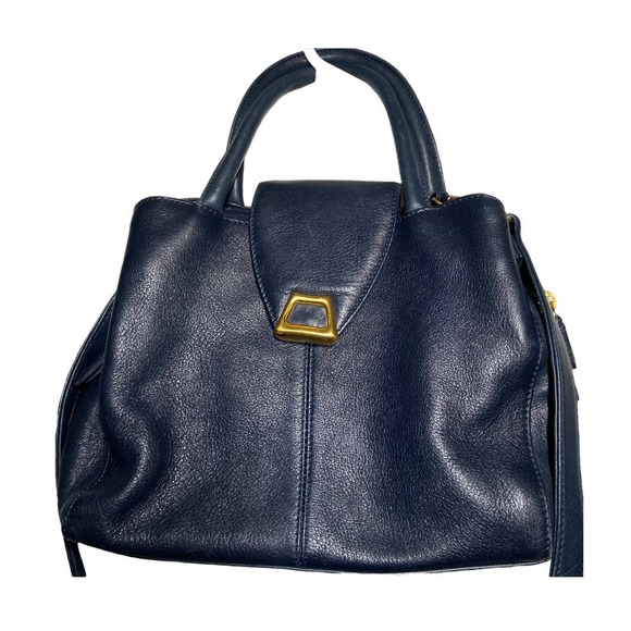Liz Claiborne Leather Co Shoulder Bag Gold Plated Detail Zip Pockets Navy Blue - 1