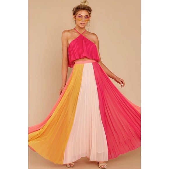 Aura - Pink Pleated Multi Color Two Piece Set Maxi + Crop - 1