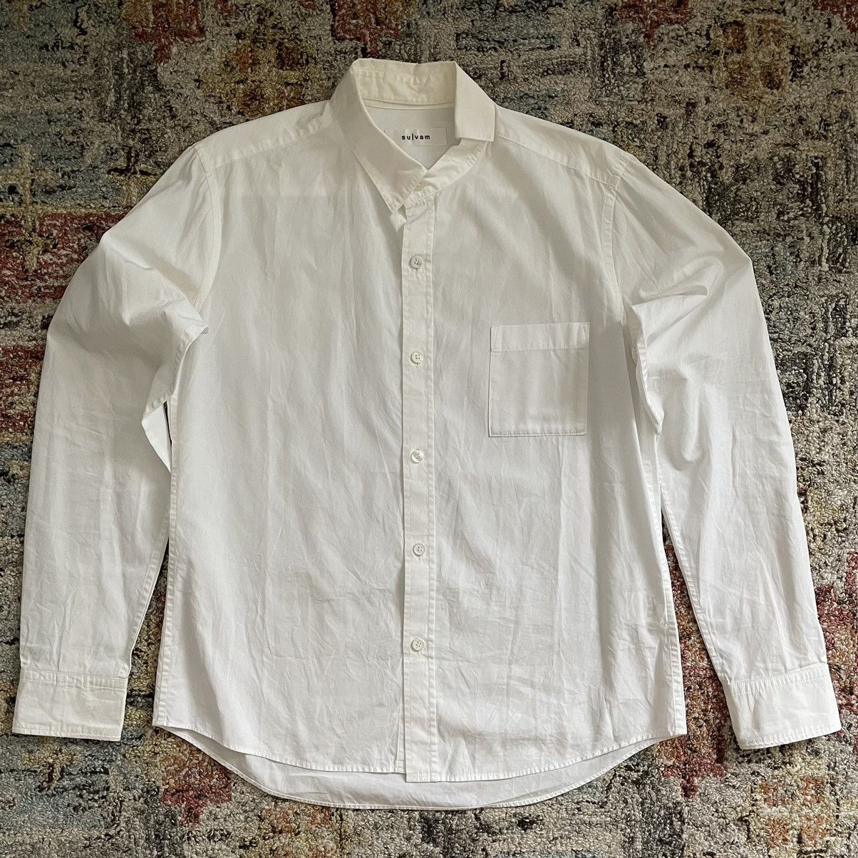 Sulvam - asymmetry detachable collar buttonup shirt cotton white - 1