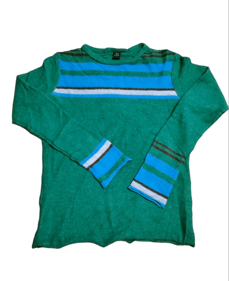 Yohji Yamamoto Wool Long Sleeve Stripe Green Tee Cropped - 1