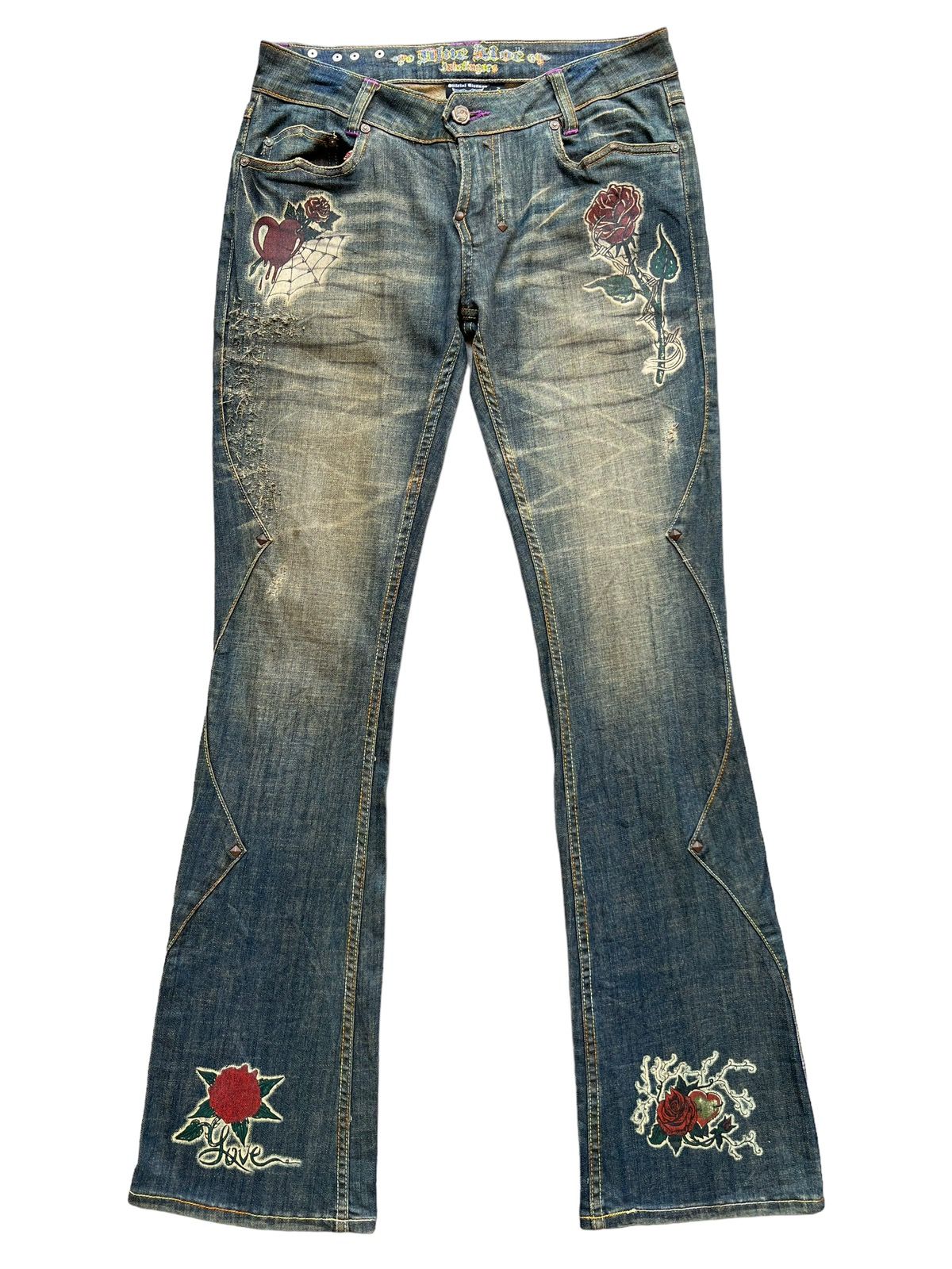 Archival Clothing - Vintage Gotchic Bones Mudwash Punk Flare Denim Jeans 28x33 - 2