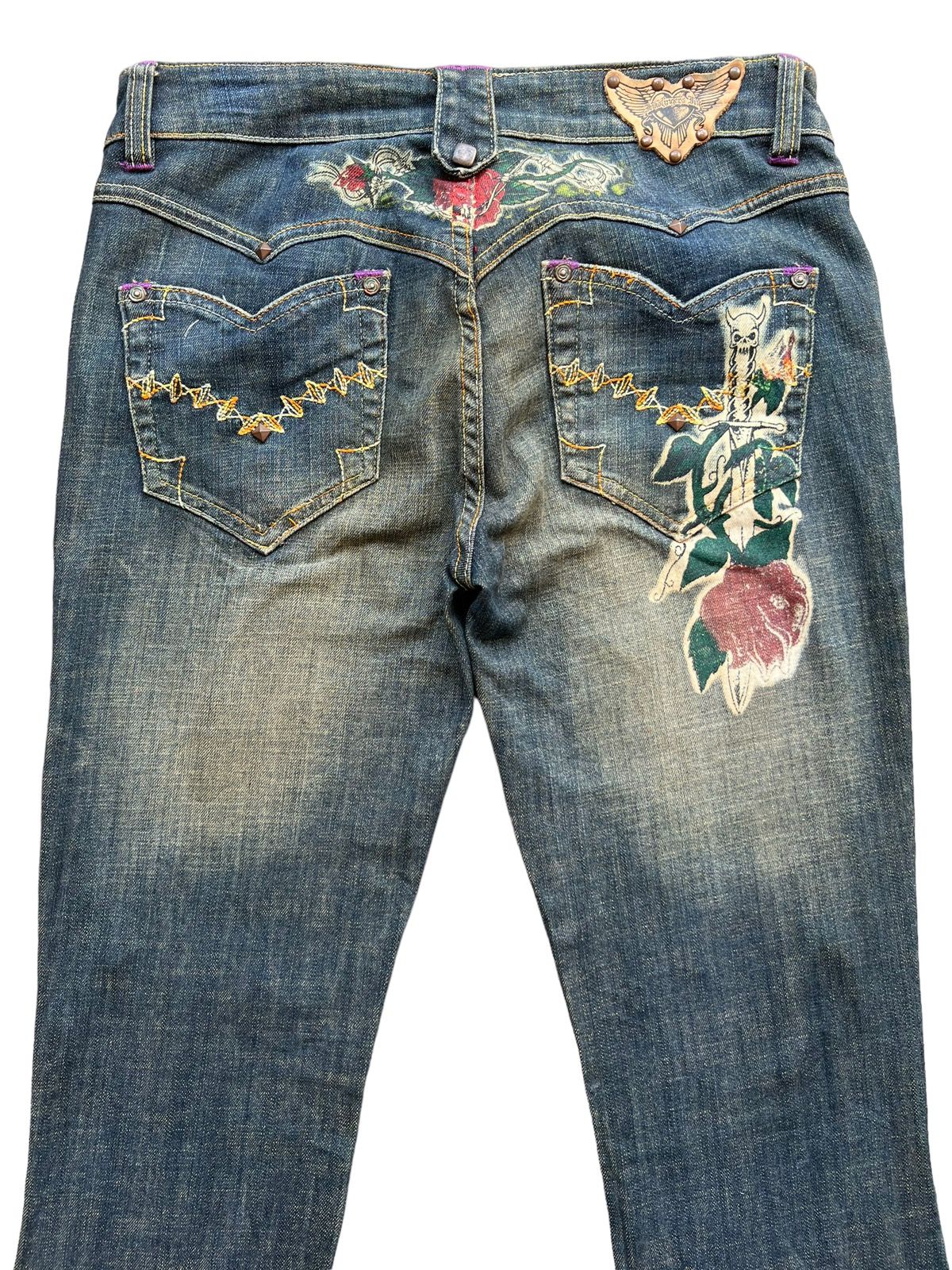 Archival Clothing - Vintage Gotchic Bones Mudwash Punk Flare Denim Jeans 28x33 - 6