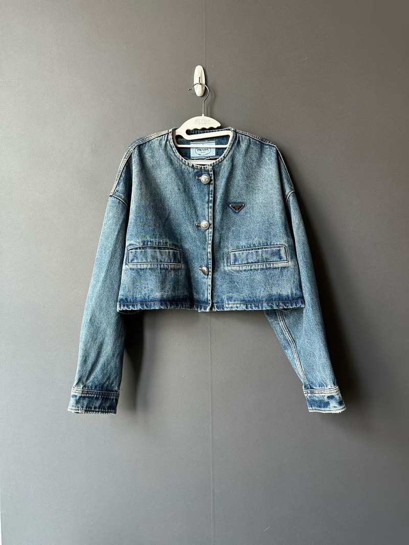 Prada short denim jacket with silver buckle and triangular logo. - 1
