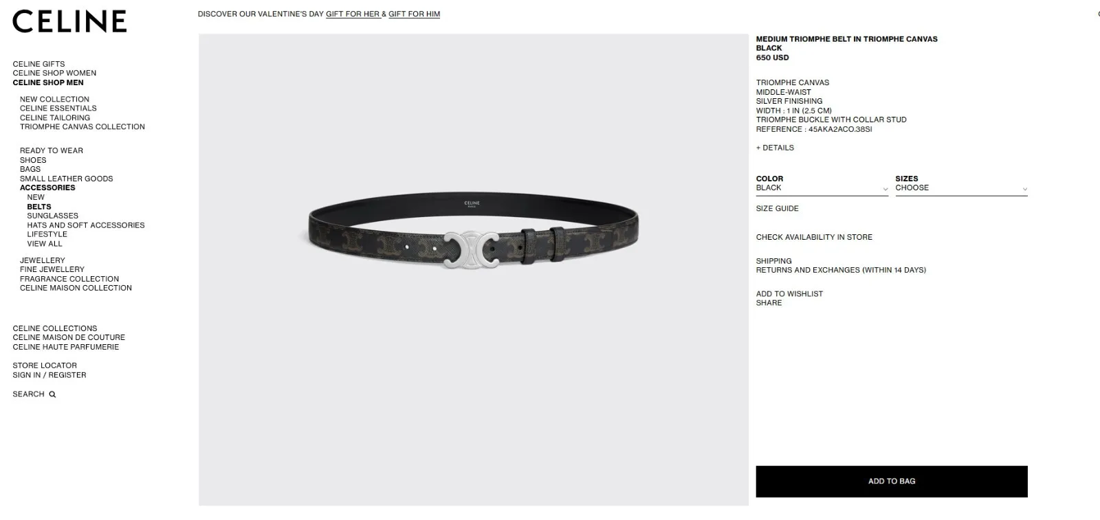 Brand New In Box Celine Medium Black Triomphe Belt in Triomphe Canvas 85, 650$ - 4