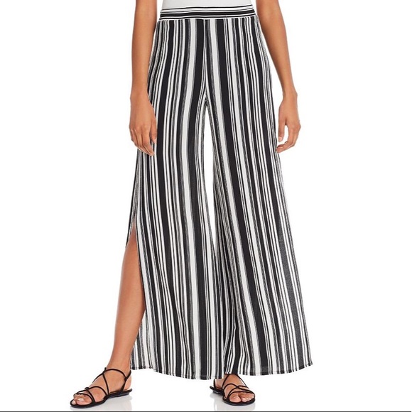 Aqua - Navy + White Striped Split Wide Leg Pants - 1