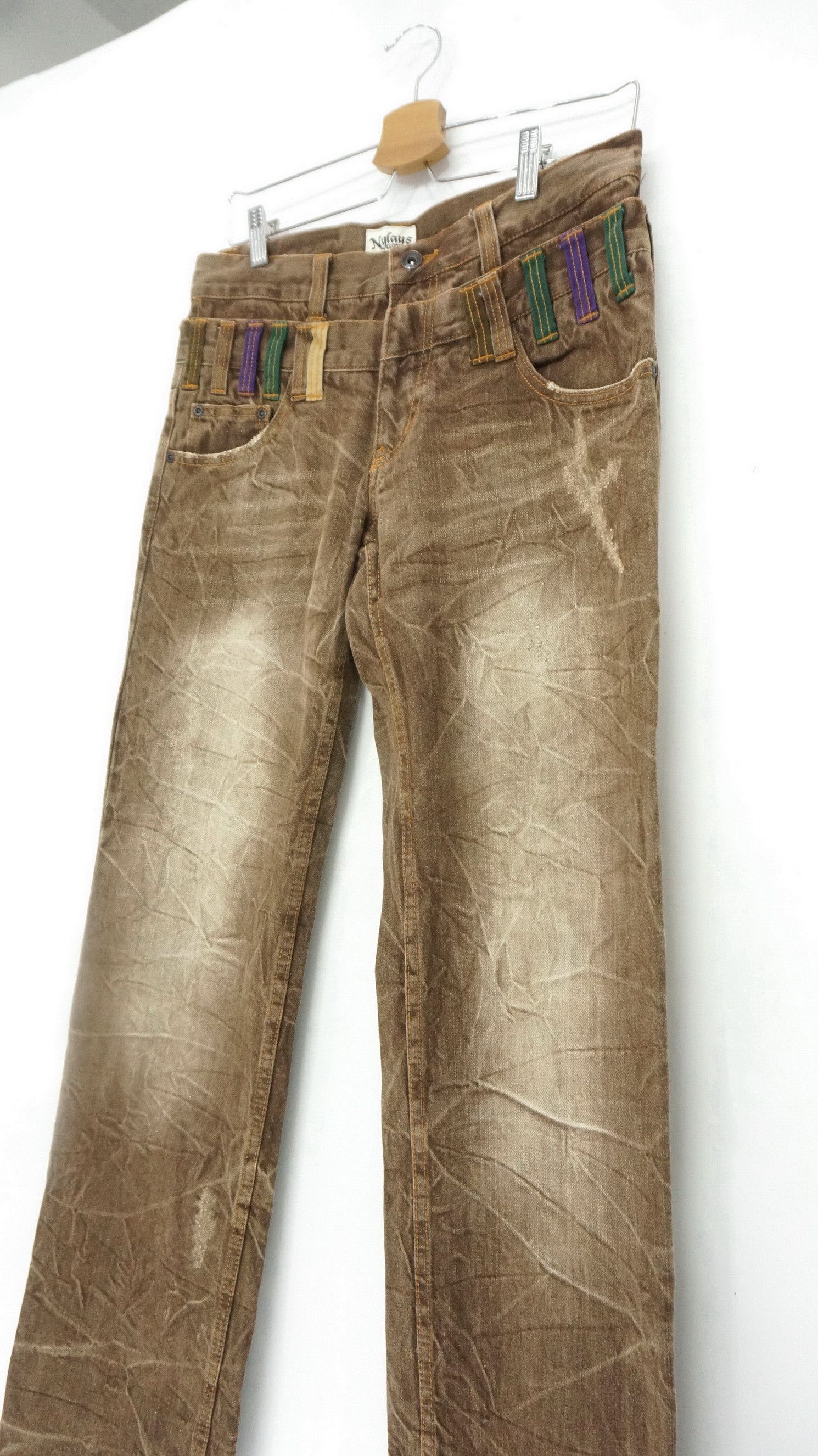 Distressed Denim - NYLAUS Double Waist Brown Jeans - 2