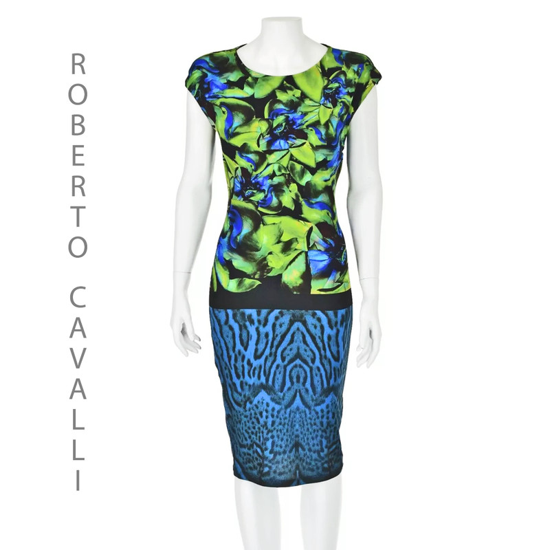Green Floral & Blue Animal Print Knit Sheath Dress - 1