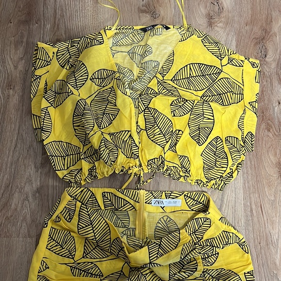 Zara Yellow Linen Blend Leaf Print Skirt & Crop Top Co-ord Set - 11