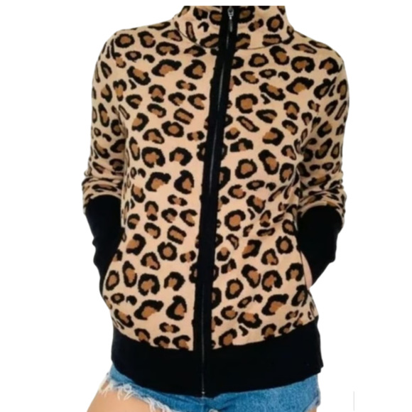 Rachel Zoe Zip Up Knit Leopard Sweater Size Medium - 1